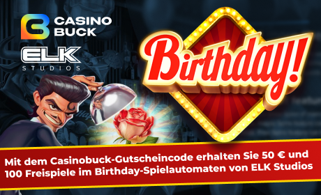 Mit dem Casinobuck-Gutscheincode erhalten Sie 50 Euro und 100 Freispiele im Birthday-Spielautomaten von ELK Studios