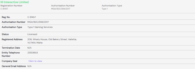N1 Interactive Limited MGA Lizenz B2C