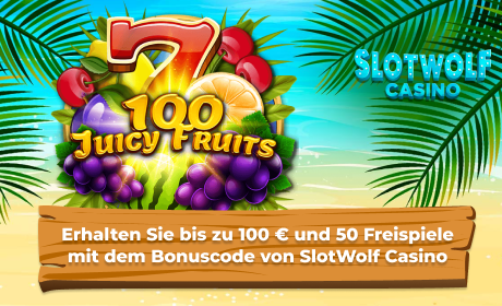 Erhalten Sie bis zu 100 € und 50 Freispiele mit dem Bonuscode von SlotWolf Casino