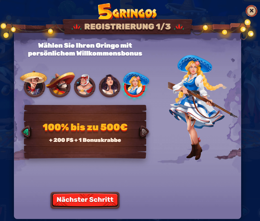 Registrierung im 5Gringos Casino Schritt 1