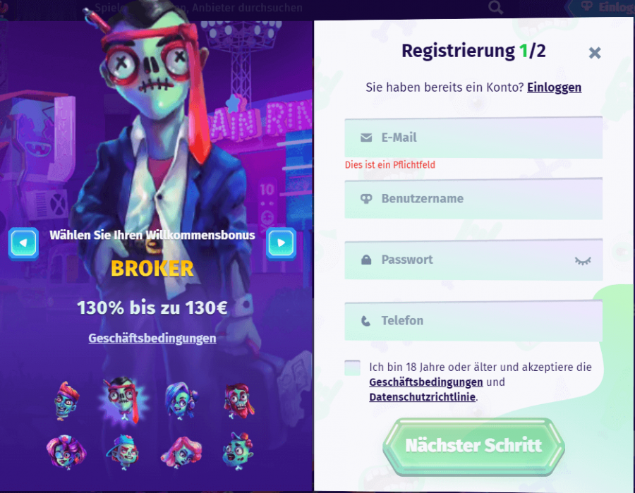 Registrierung im Casombie Casino Schritt 1