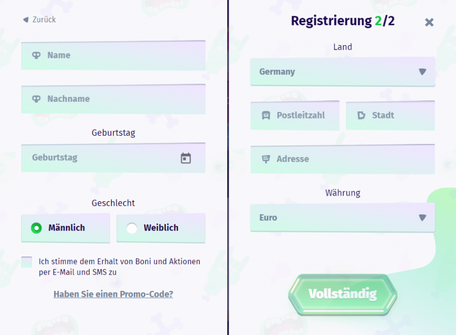 Registrierung im Casombie Casino Schritt 2